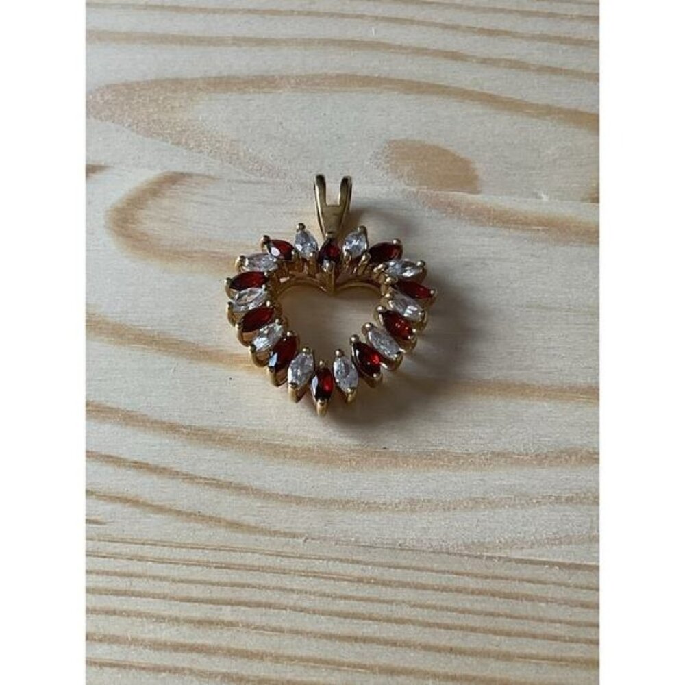 Gold Heart Pendant With Red & Clear Marquise Stones Accent By JC